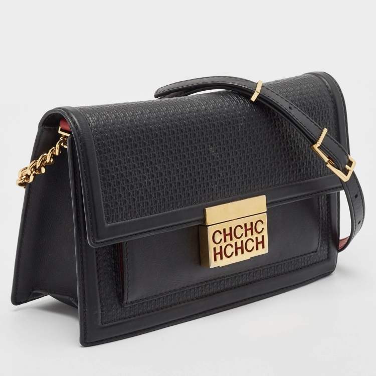 Pre Owned CH Carolina Herrera Black Monogram Embossed Leather Flap Shoulder Bag