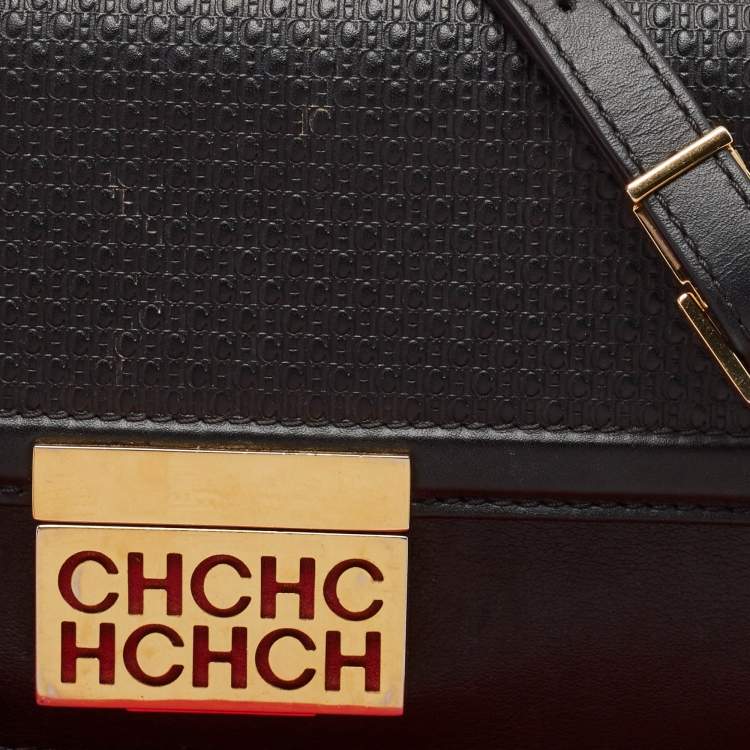 Pre Owned CH Carolina Herrera Black Monogram Embossed Leather Flap Shoulder Bag