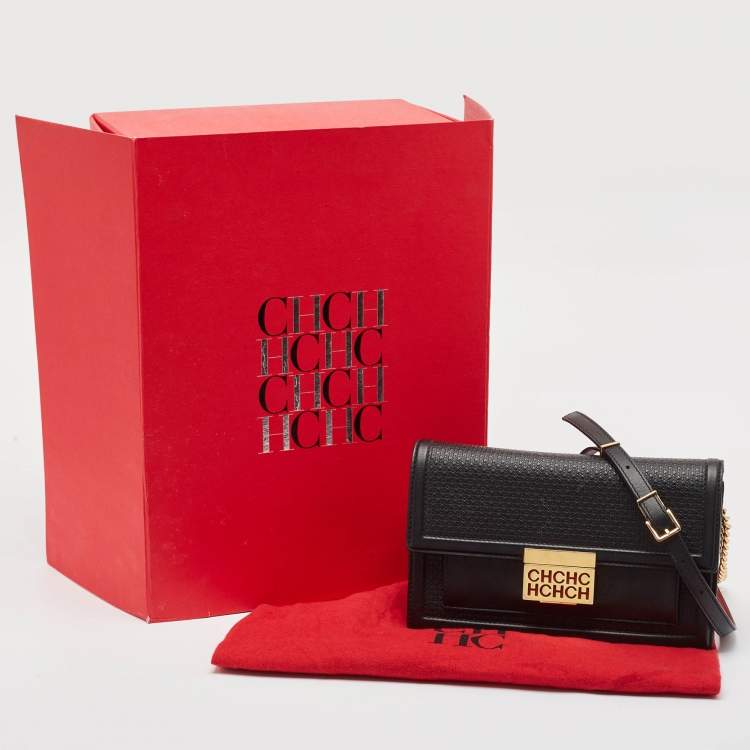 Pre Owned CH Carolina Herrera Black Monogram Embossed Leather Flap Shoulder Bag