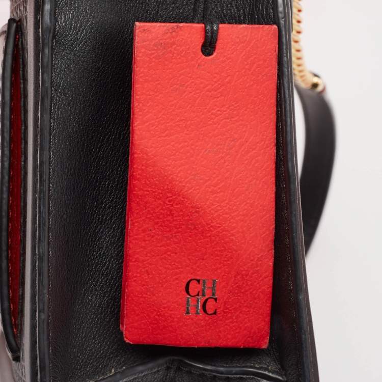 Pre Owned CH Carolina Herrera Black Monogram Embossed Leather Flap Shoulder Bag