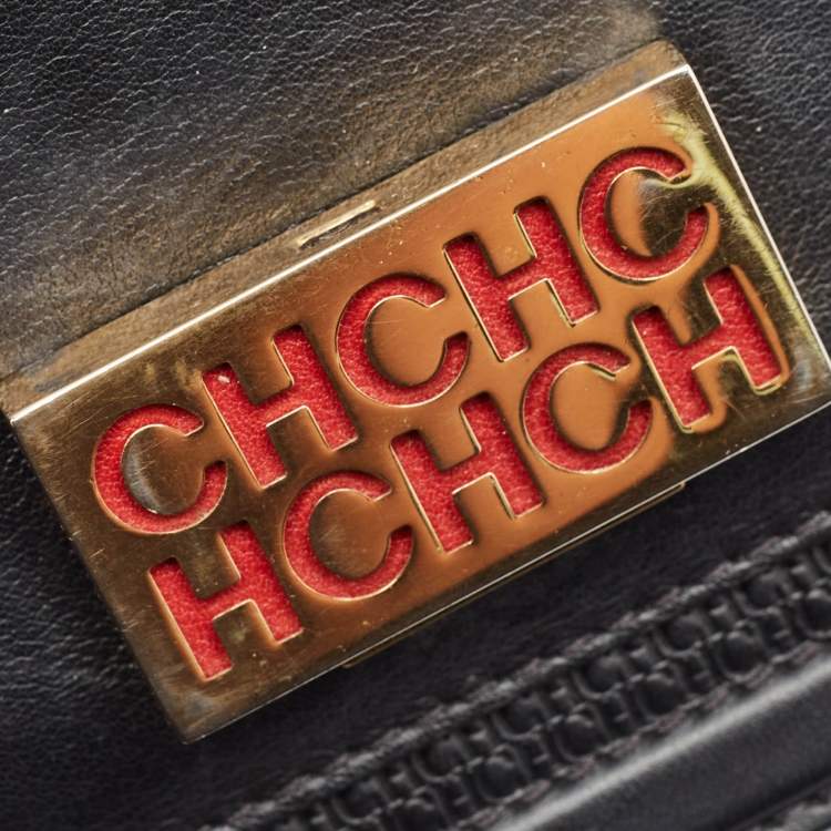Pre Owned CH Carolina Herrera Black Monogram Embossed Leather Flap Shoulder Bag