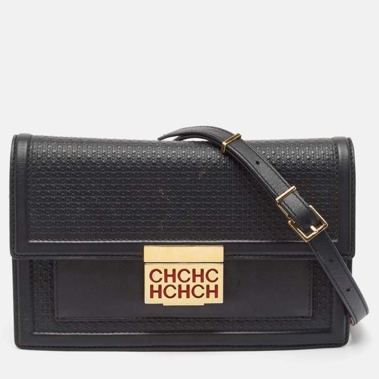Pre Owned CH Carolina Herrera Black Monogram Embossed Leather Flap Shoulder Bag