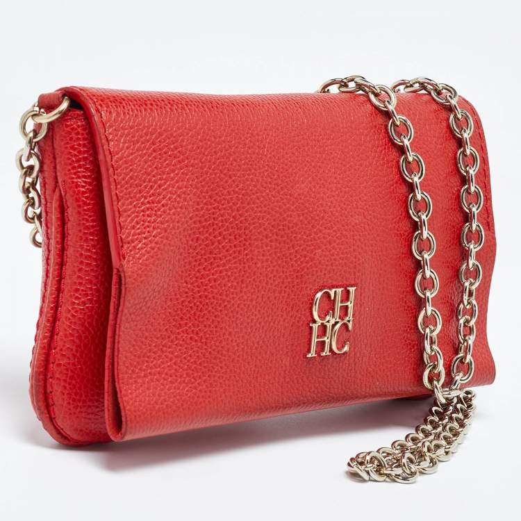 Pre Owned CH Carolina Herrera Red Leather Flap Chain Shoulder Bag