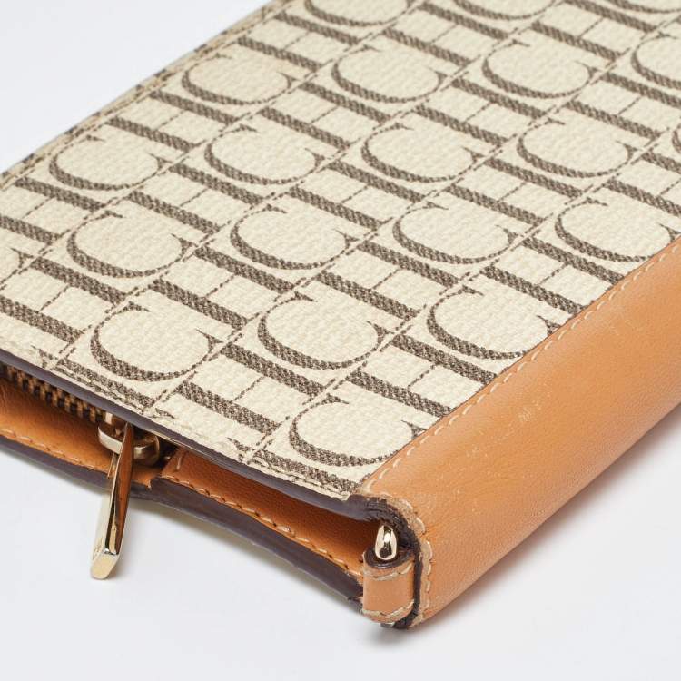 Pre Owned CH Carolina Herrera Beige/Tan Signature Coated Canvas and Leather Wallet