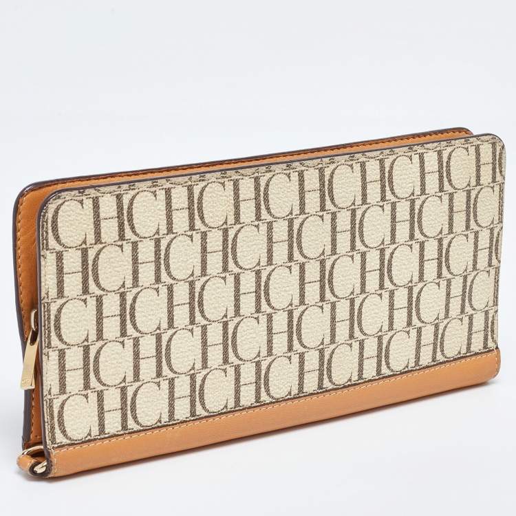 Pre Owned CH Carolina Herrera Beige/Tan Signature Coated Canvas and Leather Wallet