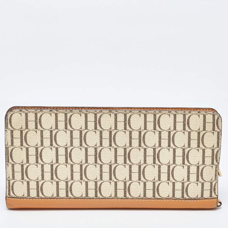 Pre Owned CH Carolina Herrera Beige/Tan Signature Coated Canvas and Leather Wallet