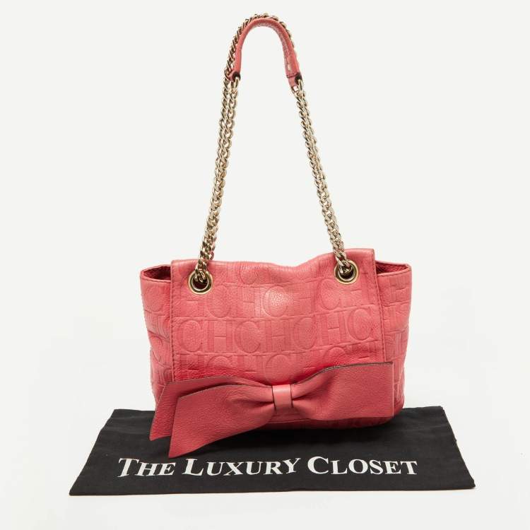 Pre Owned CH Carolina Herrera Pink Monogram Embossed Leather Audrey Shoulder Bag