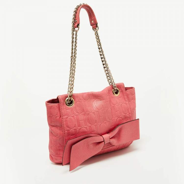 Pre Owned CH Carolina Herrera Pink Monogram Embossed Leather Audrey Shoulder Bag