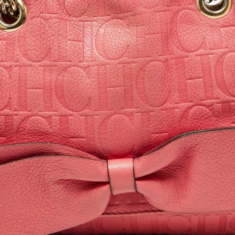 Pre Owned CH Carolina Herrera Pink Monogram Embossed Leather Audrey Shoulder Bag