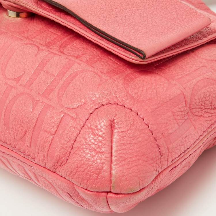 Pre Owned CH Carolina Herrera Pink Monogram Embossed Leather Audrey Shoulder Bag