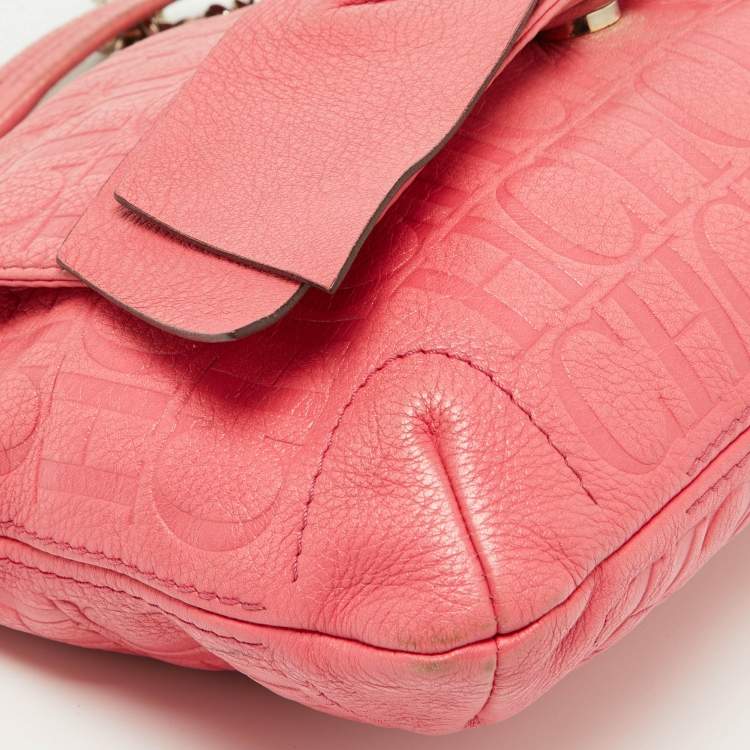 Pre Owned CH Carolina Herrera Pink Monogram Embossed Leather Audrey Shoulder Bag