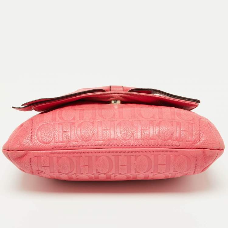 Pre Owned CH Carolina Herrera Pink Monogram Embossed Leather Audrey Shoulder Bag
