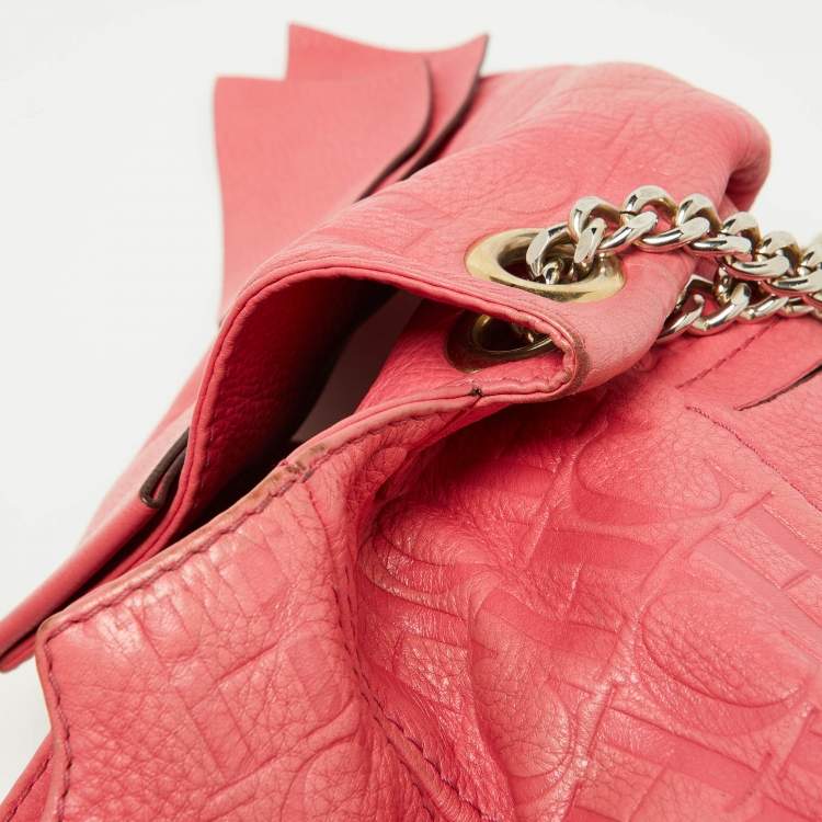 Pre Owned CH Carolina Herrera Pink Monogram Embossed Leather Audrey Shoulder Bag