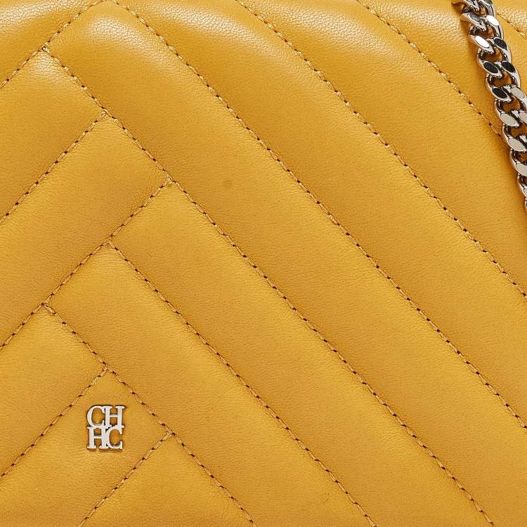 Pre Owned CH Carolina Herrera Yellow Quilted Leather Chain Clutch