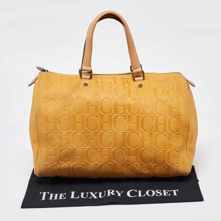 Pre Owned CH Carolina Herrera Mustard Monogram Embossed Leather Large Andy Boston Bag