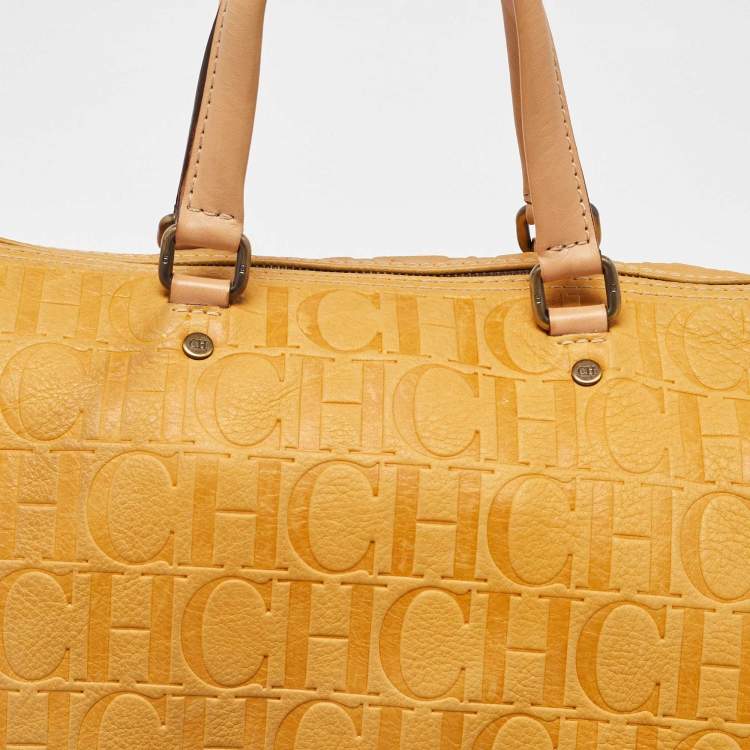 Pre Owned CH Carolina Herrera Mustard Monogram Embossed Leather Large Andy Boston Bag
