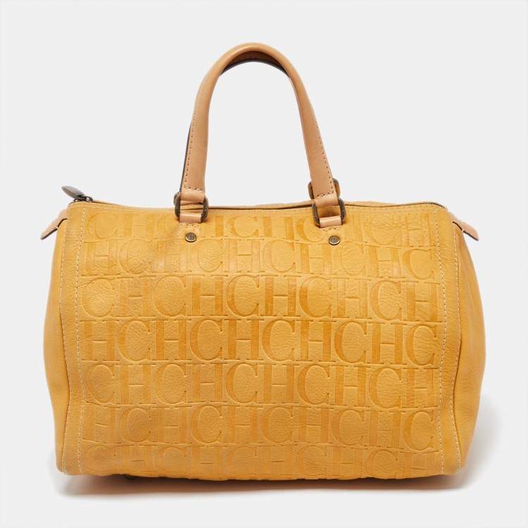 Pre Owned CH Carolina Herrera Mustard Monogram Embossed Leather Large Andy Boston Bag