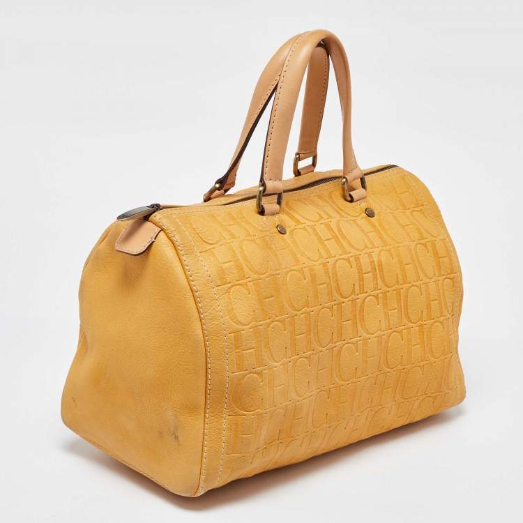Pre Owned CH Carolina Herrera Mustard Monogram Embossed Leather Large Andy Boston Bag
