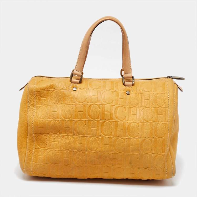 Pre Owned CH Carolina Herrera Mustard Monogram Embossed Leather Large Andy Boston Bag