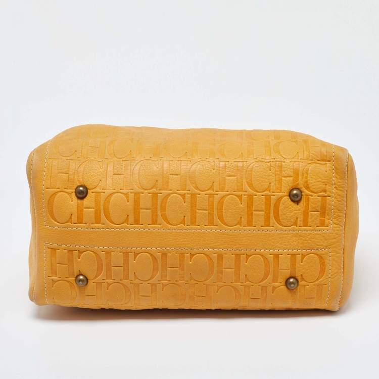 Pre Owned CH Carolina Herrera Mustard Monogram Embossed Leather Large Andy Boston Bag