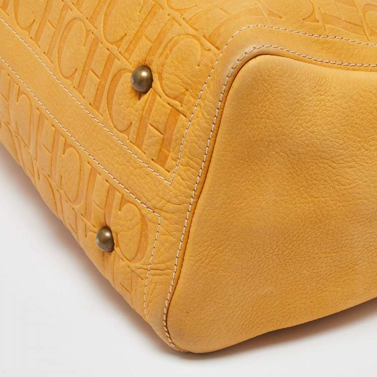 Pre Owned CH Carolina Herrera Mustard Monogram Embossed Leather Large Andy Boston Bag