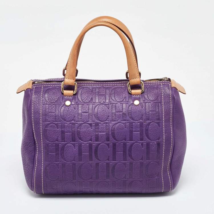 Pre Owned CH Carolina Herrera Purple Monogram Leather Andy Boston Bag