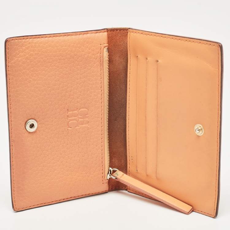 Pre Owned CH Carolina Herrera Peach Leather Compact Flap Wallet