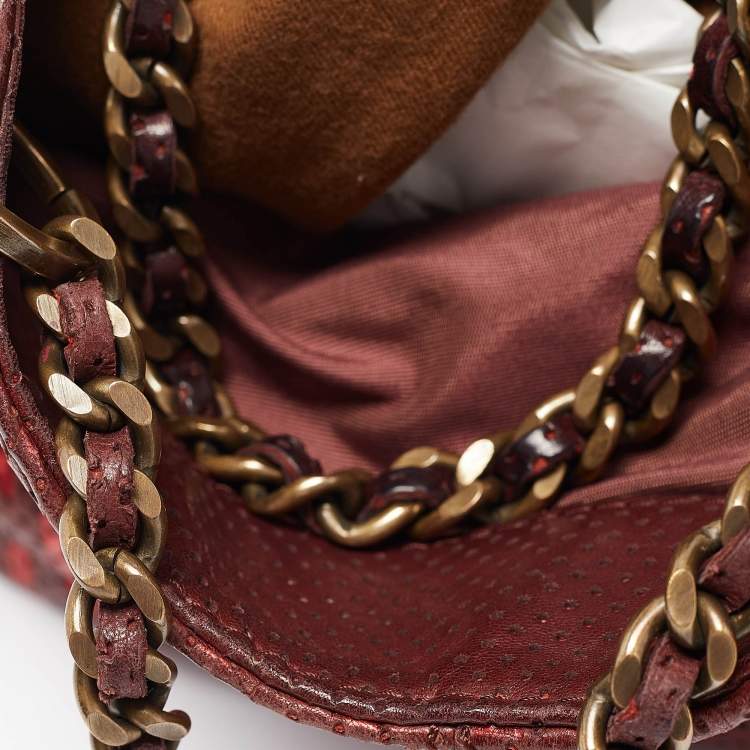 Pre Owned CH Carolina Herrera Burgundy/Red Metallic Perforated Monogram Leather Chain Tote