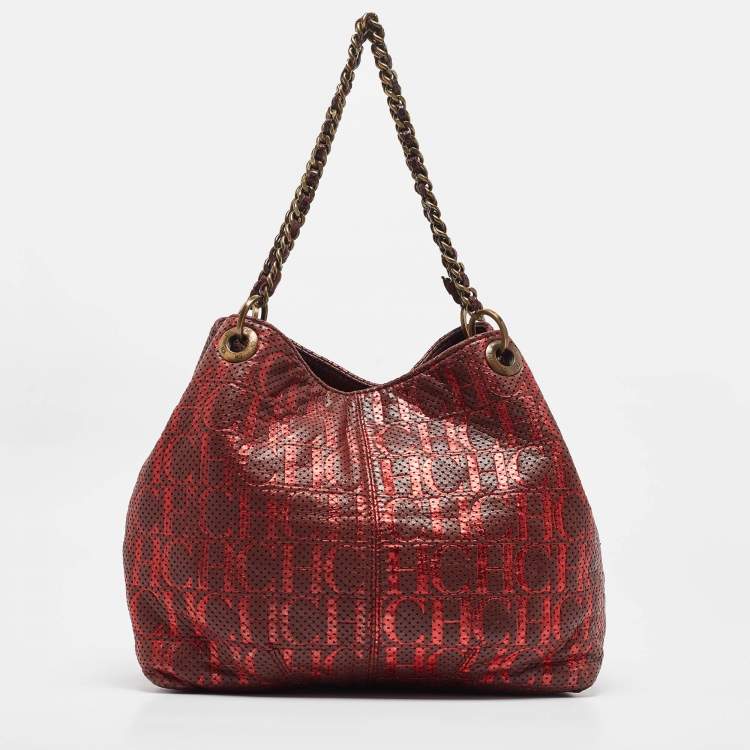Pre Owned CH Carolina Herrera Burgundy/Red Metallic Perforated Monogram Leather Chain Tote