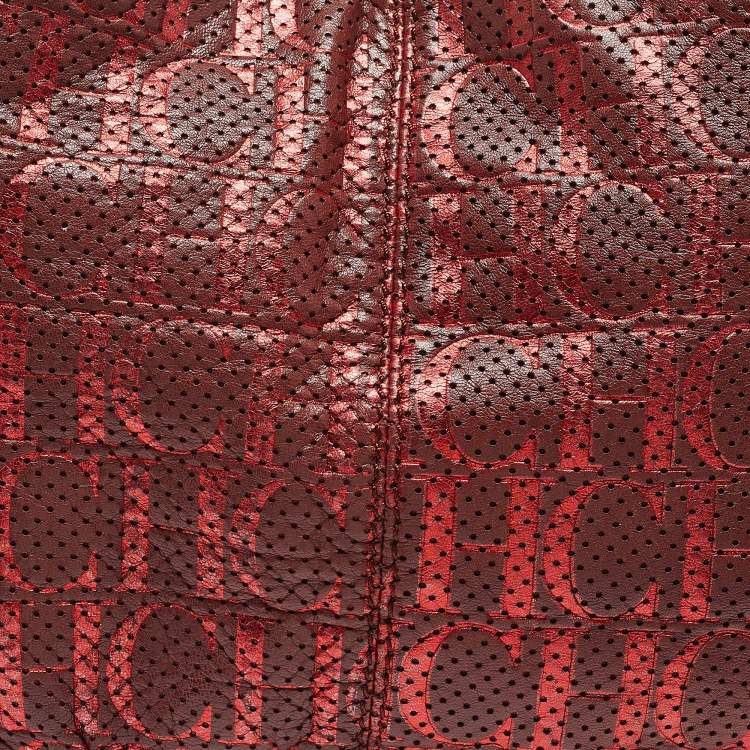 Pre Owned CH Carolina Herrera Burgundy/Red Metallic Perforated Monogram Leather Chain Tote