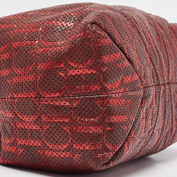 Pre Owned CH Carolina Herrera Burgundy/Red Metallic Perforated Monogram Leather Chain Tote