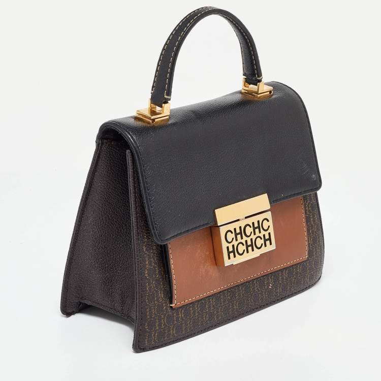 Pre Owned CH Carolina Herrera Tri Color Monogram Coated Canvas and Leather Top Handle Bag