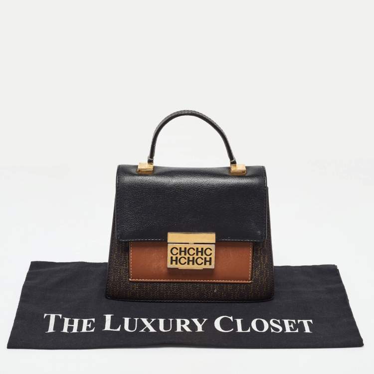 Pre Owned CH Carolina Herrera Tri Color Monogram Coated Canvas and Leather Top Handle Bag