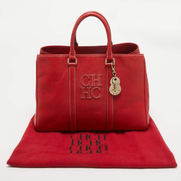 Pre Owned CH Carolina Herrera Red Grained Leather Matteo Tote