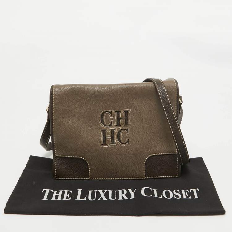 Pre Owned CH Carolina Herrera Beige/Dark Brown Leather Flap Shoulder Bag
