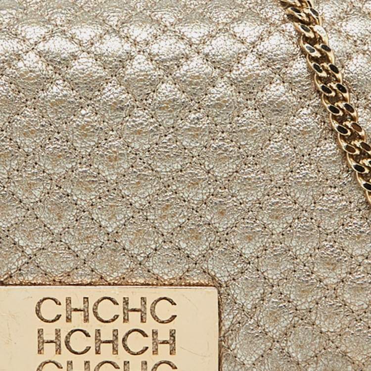Pre Owned CH Carolina Herrera Metallic Gold Quilted Leather Flap Clutch