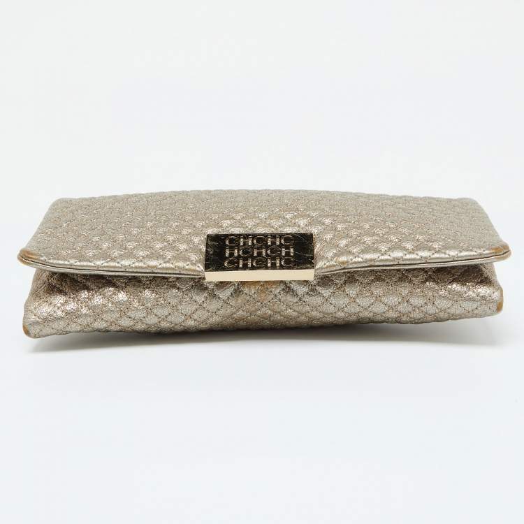 Pre Owned CH Carolina Herrera Metallic Gold Quilted Leather Flap Clutch