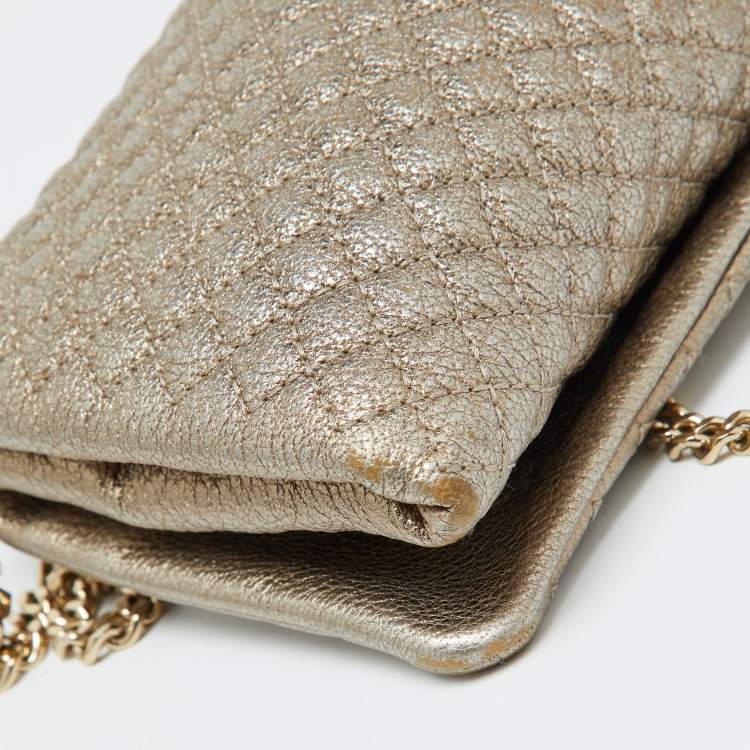 Pre Owned CH Carolina Herrera Metallic Gold Quilted Leather Flap Clutch