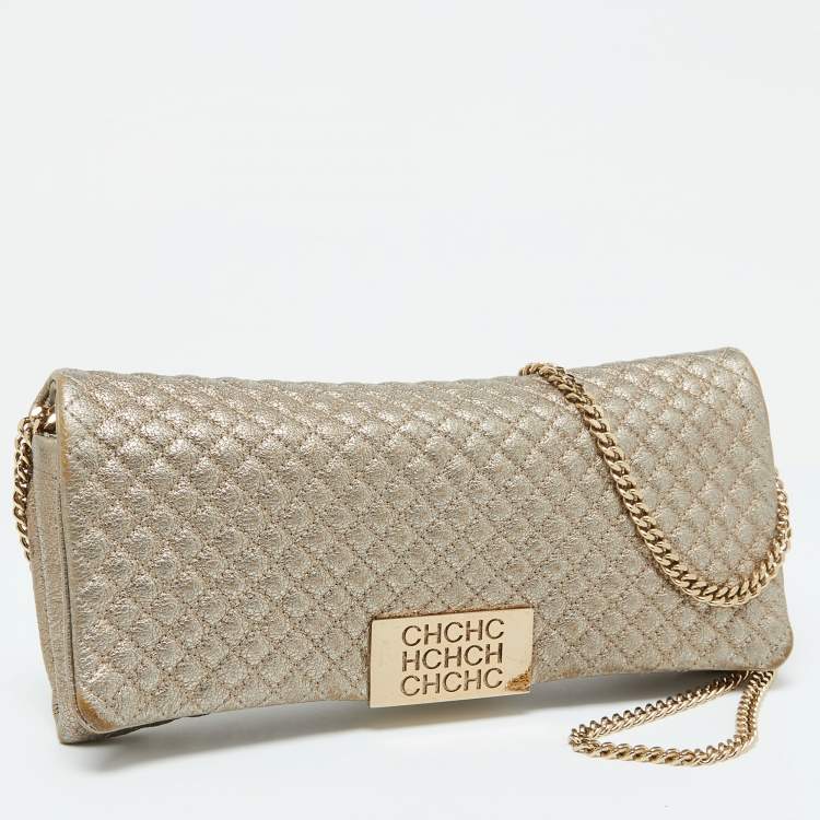 Pre Owned CH Carolina Herrera Metallic Gold Quilted Leather Flap Clutch