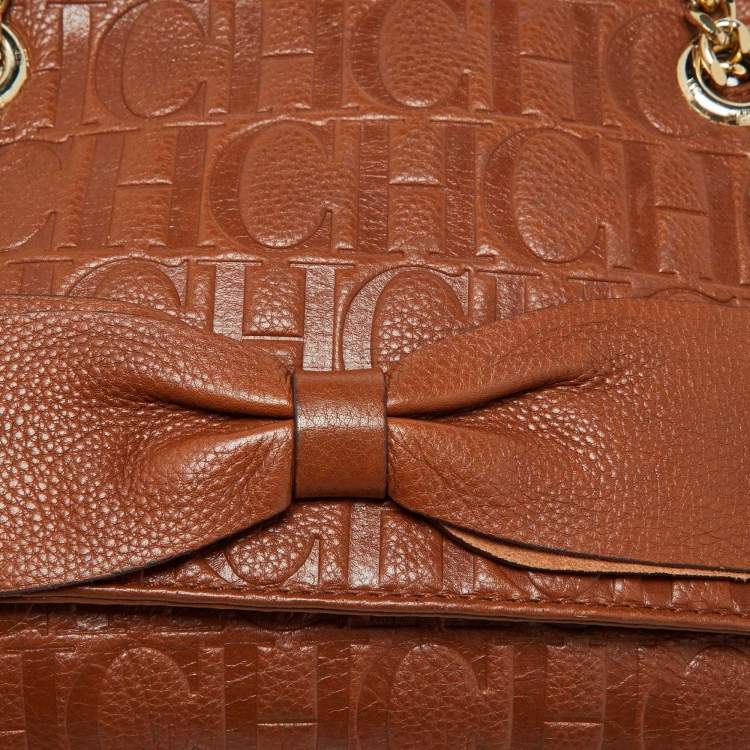 Pre Owned CH Carolina Herrera Brown Monogram Leather Audrey Shoulder Bag