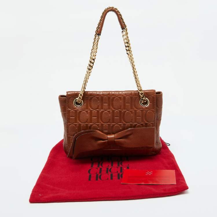 Pre Owned CH Carolina Herrera Brown Monogram Leather Audrey Shoulder Bag