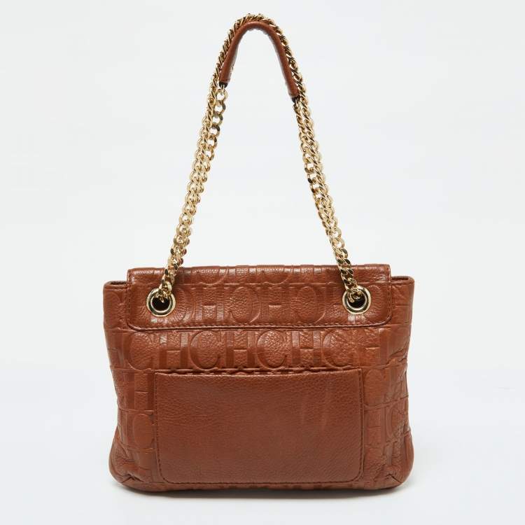 Pre Owned CH Carolina Herrera Brown Monogram Leather Audrey Shoulder Bag