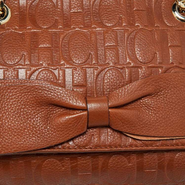Pre Owned CH Carolina Herrera Brown Monogram Leather Audrey Shoulder Bag