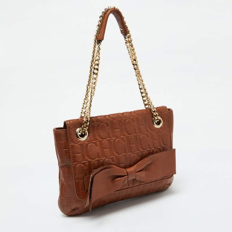 Pre Owned CH Carolina Herrera Brown Monogram Leather Audrey Shoulder Bag