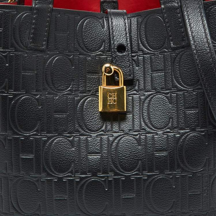 Pre Owned CH Carolina Herrera Black Monogram Embossed Leather Small Matryoshka Locked Tote