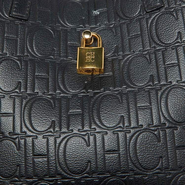 Pre Owned CH Carolina Herrera Black Monogram Embossed Leather Small Matryoshka Locked Tote