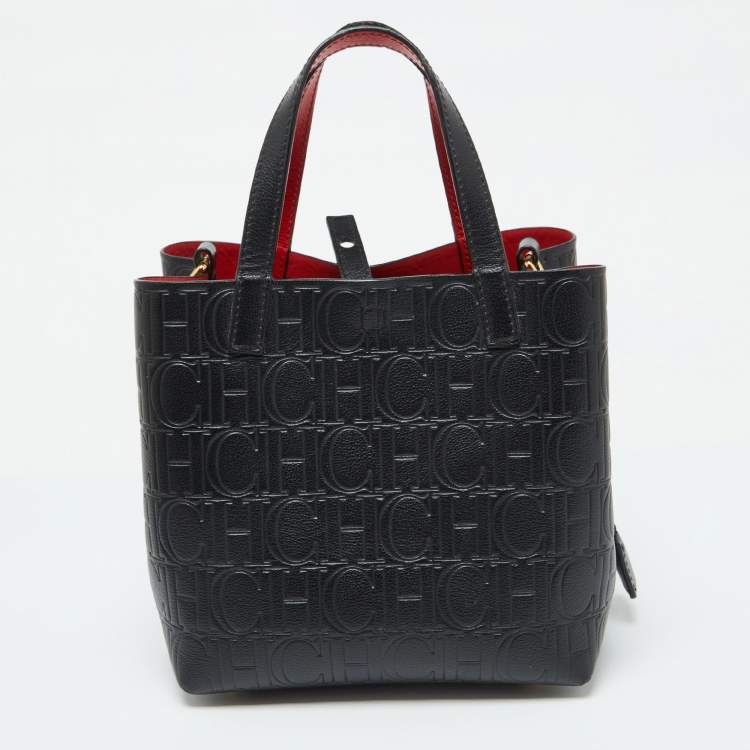 Pre Owned CH Carolina Herrera Black Monogram Embossed Leather Small Matryoshka Locked Tote