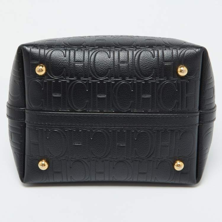 Pre Owned CH Carolina Herrera Black Monogram Embossed Leather Small Matryoshka Locked Tote