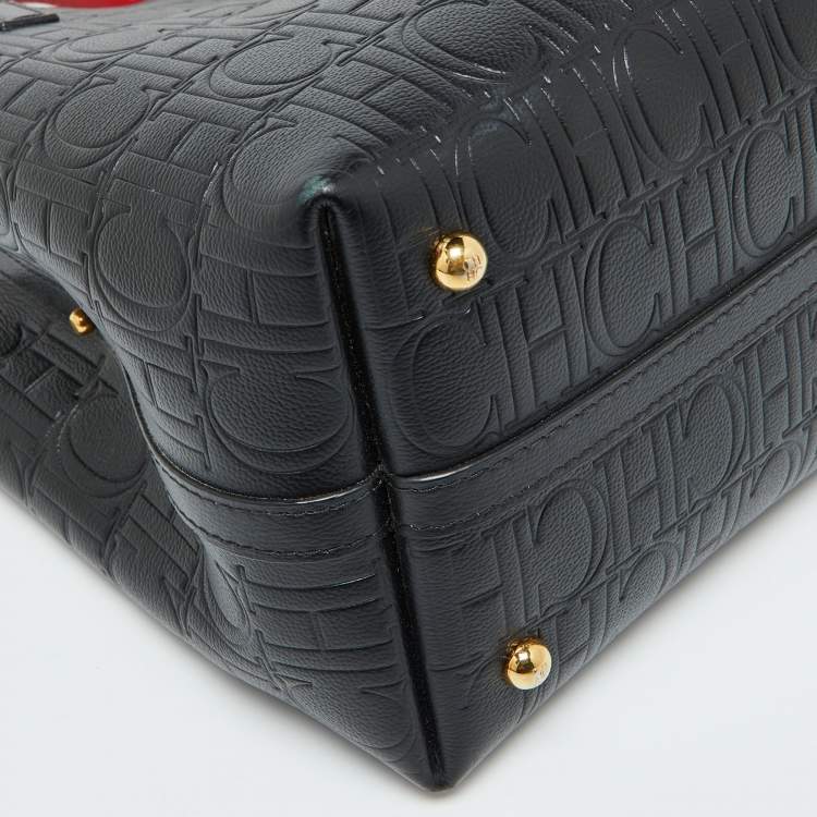 Pre Owned CH Carolina Herrera Black Monogram Embossed Leather Small Matryoshka Locked Tote
