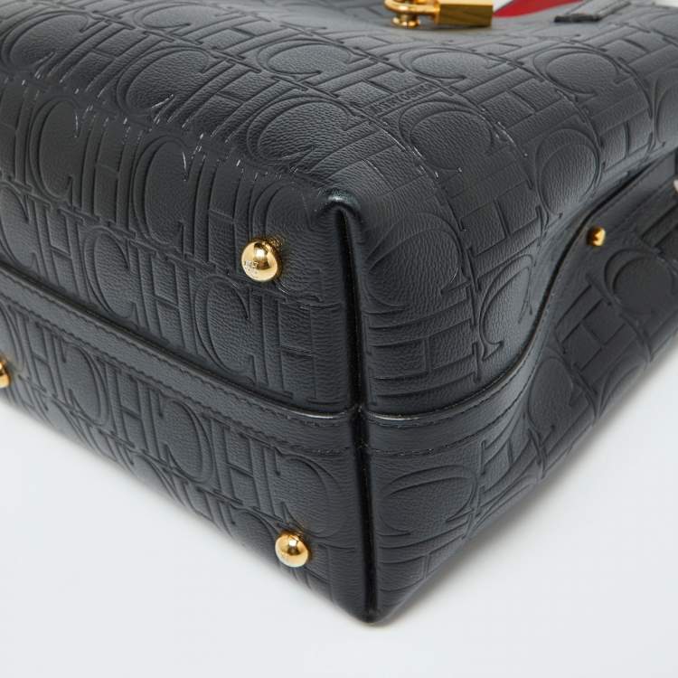 Pre Owned CH Carolina Herrera Black Monogram Embossed Leather Small Matryoshka Locked Tote